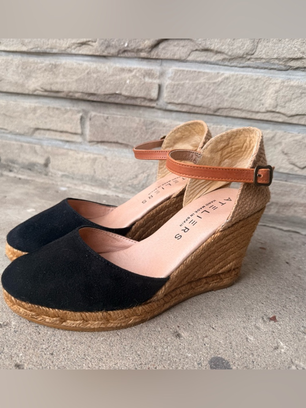 Black Espadrille Wedge Sandals with Tan Ankle Strap